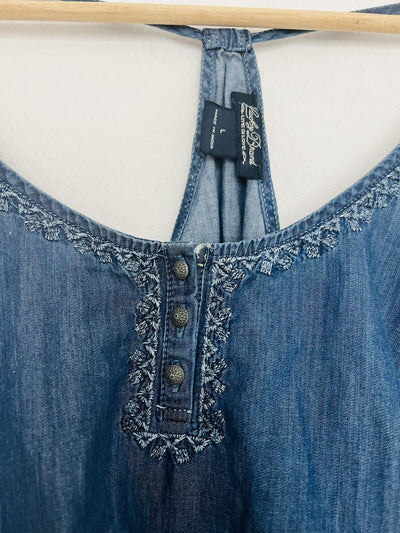LUCKY BRAND Ombré Embroidered Denim Tank Top Sz L Spaghetti Strap Boho Western