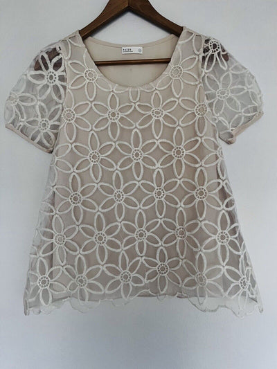PAZZO Floral Crochet Lace Overlay Blouse Ivory Sz S Short Puff Sleeves Boho Top