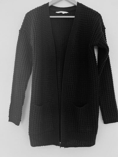BLUENOTES Black Cardigan Sz S Open Front Chunky Open Knit Sweater Cozy Warm