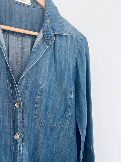 BELLA DAHL Womens Blue Chambray Shirt Sz M Inside Pocket Button Up Preppy Casual
