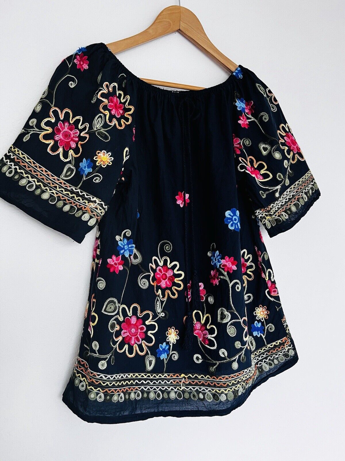 ROSE KNOX Navy Floral Embroidered Blouse Off Shoulder Top Boho Peasant