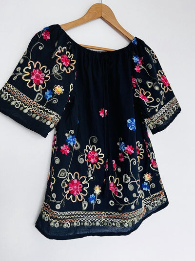 ROSE KNOX Navy Floral Embroidered Blouse Off Shoulder Top Boho Peasant