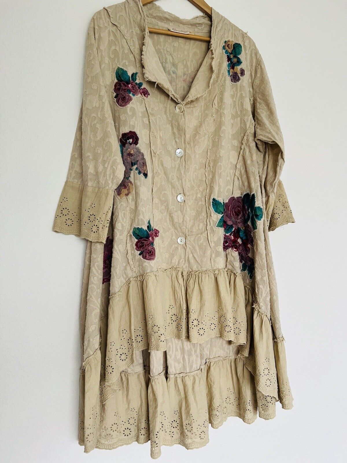 PAPER LACE Floral Design Shirt Jacket Sz 2X Duster Button Ruffle Boho Lagenlook