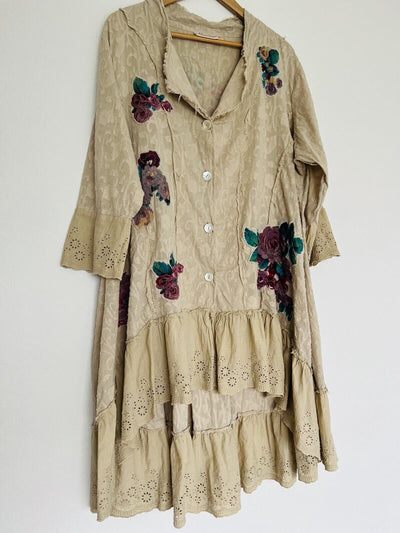 PAPER LACE Floral Design Shirt Jacket Sz 2X Duster Button Ruffle Boho Lagenlook