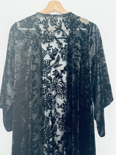 KNOX ROSE Floral Velvet Kimono Sz M/L Flocked Burnout Witchy Whimsigoth Boho