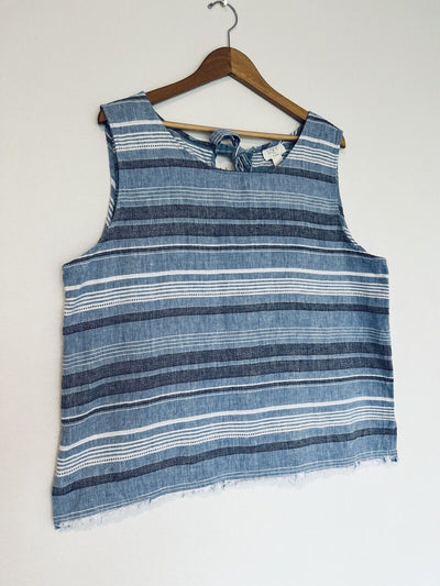 LOFT Lounge Blue Striped Linen Top Sz XL Sleeveless Frayed Hem Boho