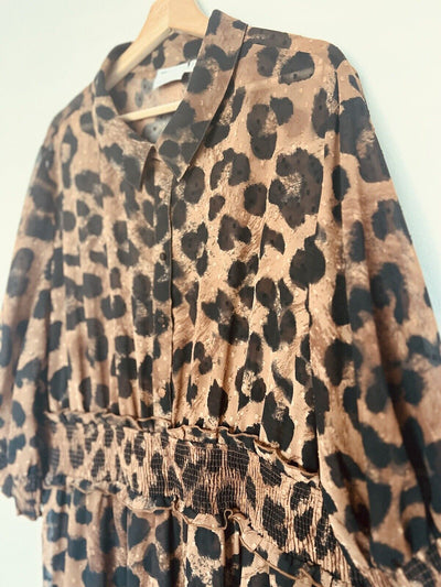 ASOS Curve Animal Leopard Print Dress Sz 18 Sheer Tiered Ruffle Smocked Waist