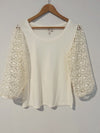CATO Crochet Detail Sleeve Top Sz M Ivory Mix Media Jersey Knit Boho Blouse