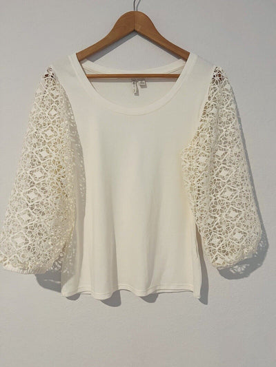 CATO Crochet Detail Sleeve Top Sz M Ivory Mix Media Jersey Knit Boho Blouse