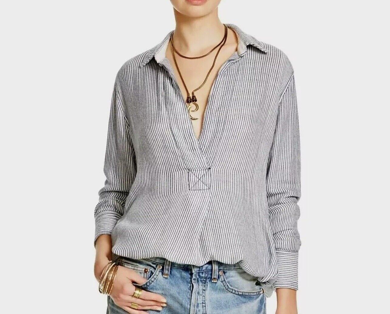 FREE PEOPLE Striped Hi-low Tunic Top Sz XS V-Neck Boho