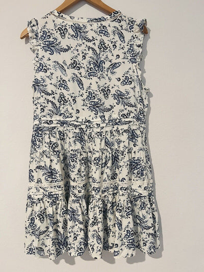 LUCKY BRAND Blue Paisley Dress Sz L Sleeveless Ruffle Tie Neck Crochet Boho