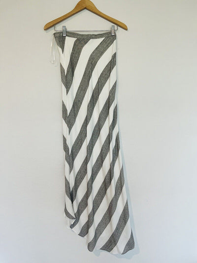 LULUS Cotton Linen Blend Wrap Skirt Sz S Grey White Striped Maxi Lined Tie Waist