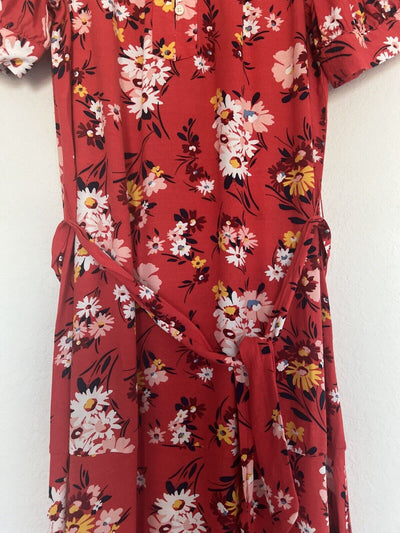 LOFT Floral Puff Floral Sleeve Midi Dress Sz 4 Button Front Tie Waist Boho