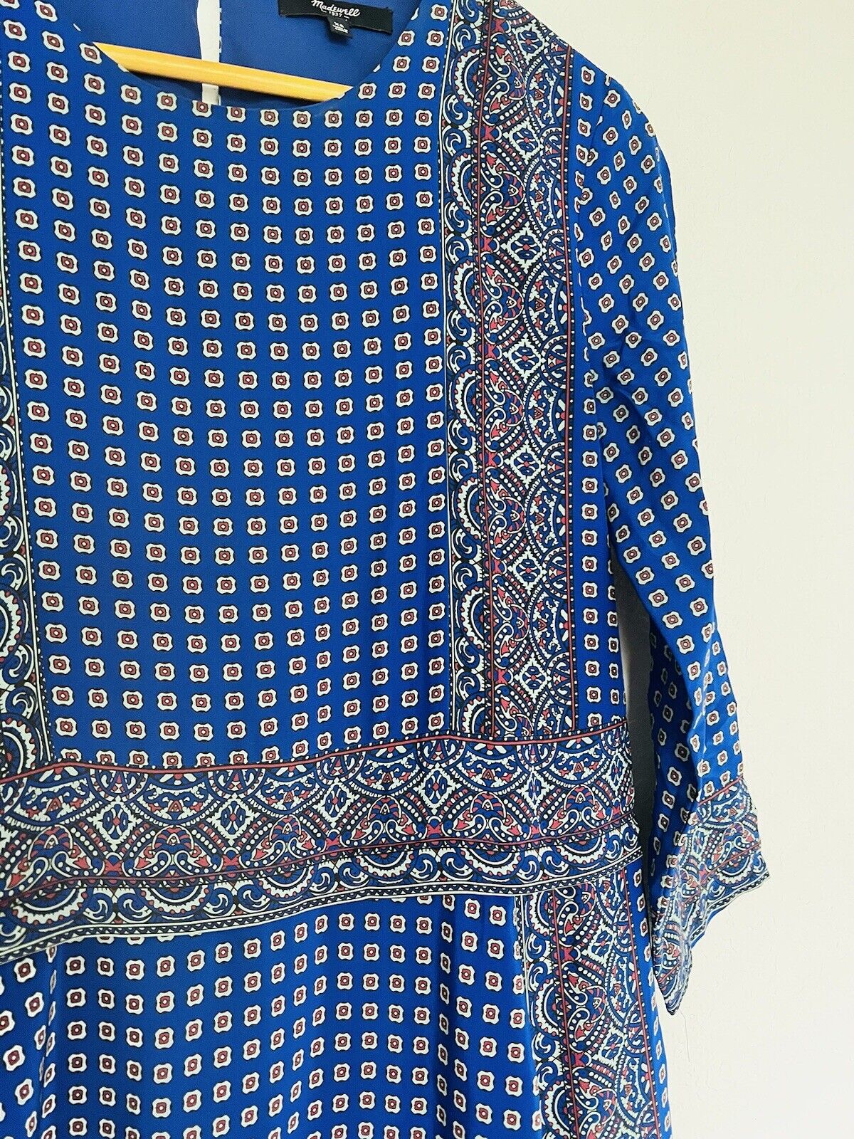 MADEWELL 100% Silk A-line Dress Sz XS Blue Pockets Lined Geometric Knee Length