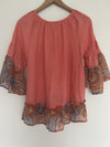 UMGEE Linen Blend Tunic Top Sz S Coral Ruffled Paisley Bell Sleeve Boho