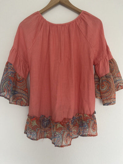 UMGEE Linen Blend Tunic Top Sz S Coral Ruffled Paisley Bell Sleeve Boho