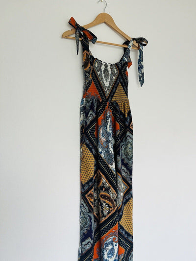 H&M Wide Leg Paisley Print Jumpsuit Size 2 Tie Shoulder Strap Smocked Bodice