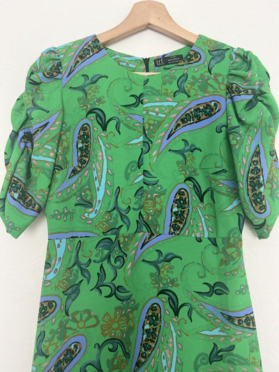 ZARA Green Paisley Leaf Short Mini Dress Sz S Ruched Puff Sleeves