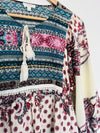 UMGEE Cream Floral Babydoll Dress Sz L Tassel Balloon Sleeves Crochet Tunic Boho