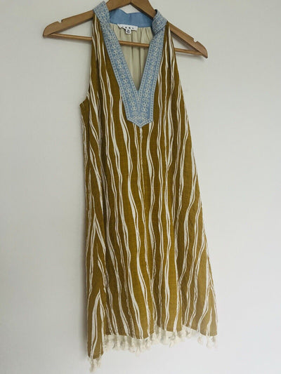THML Olive Striped Dress Sz S Embroidered V-Neck Lined 100% Cotton Tassel Boho