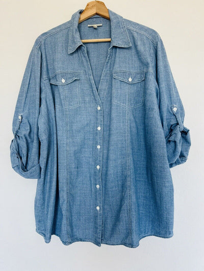 HESTER ORCHARD Top Shirt Womens 2X Blue Denim Button Front Long Sleeve Western