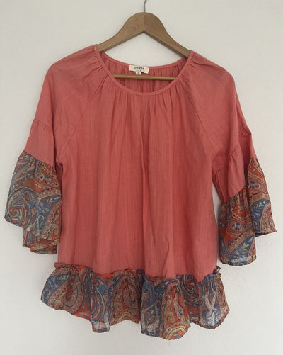 UMGEE Linen Blend Tunic Top Sz S Coral Ruffled Paisley Bell Sleeve Boho