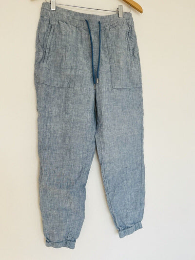 ATHLETA Cabo Linen Jogger Pants Sz 8 Drawstring Chambray Blue Nautical Boho