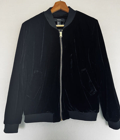 FOREVER 21 Black Velvet Velour Bomber Jacket Sz L Gold Zip Grunge Gothic