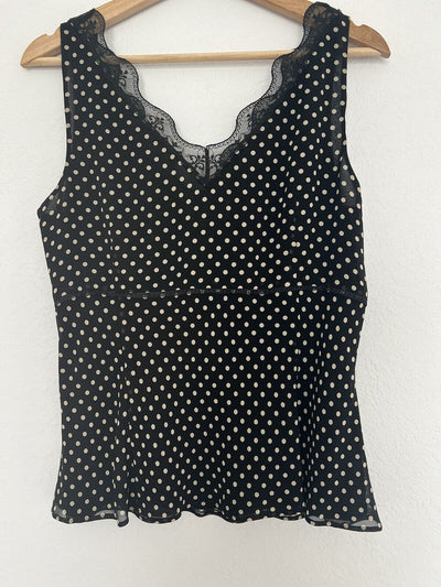LOFT NWT 100% Silk Polka Dot Lace Top Sz 12 Babydoll Lined Cami Y2K Office