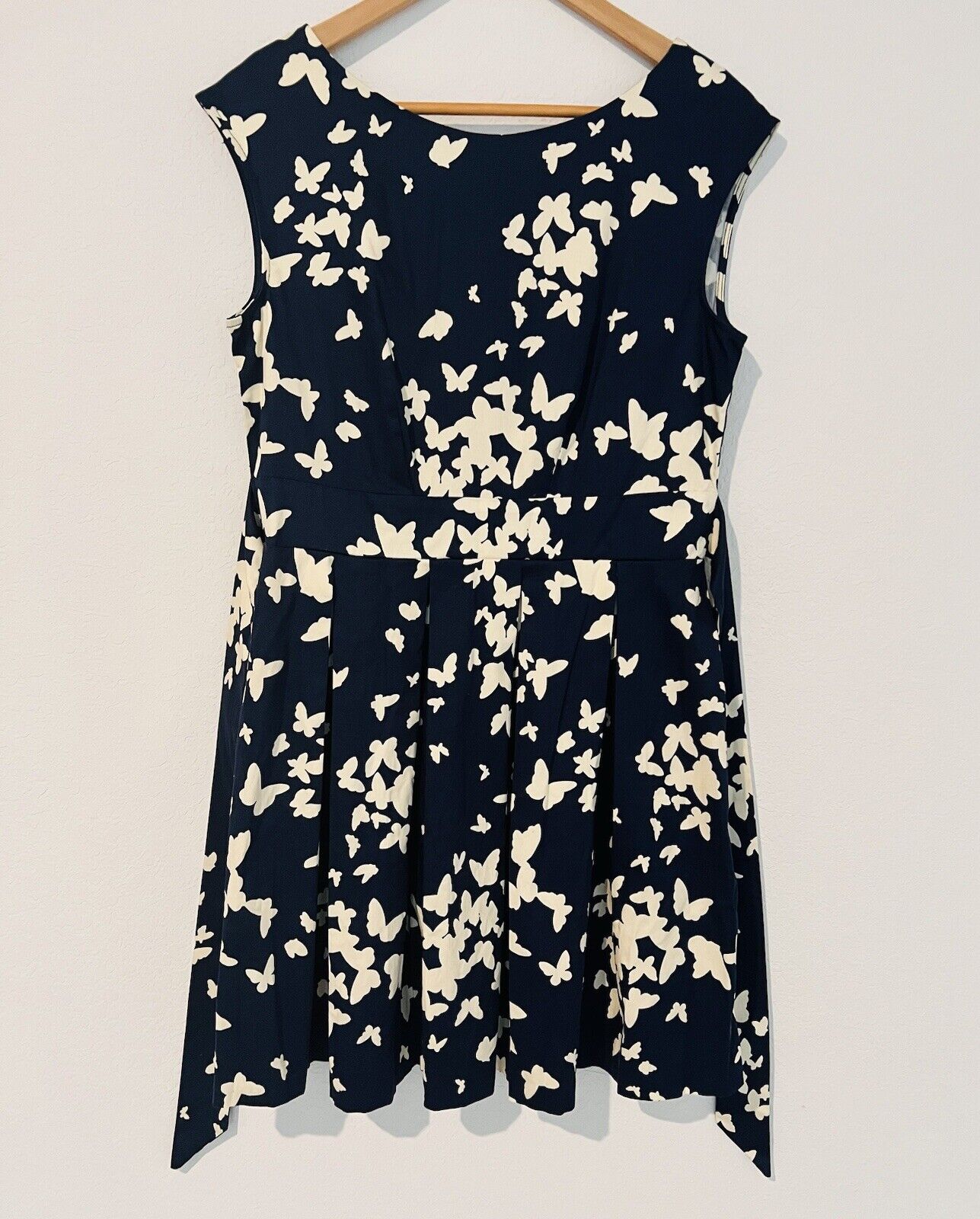 MODCLOTH Closet London Midi Dress Sz 10 Fit Flare Navy/Tan Butterfly Print