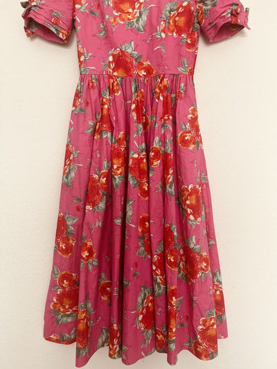 LAURA ASHLEY VTG 80s Dress US Sz 10 Pink Red Floral Cottagecore Bow Puff Sleeve