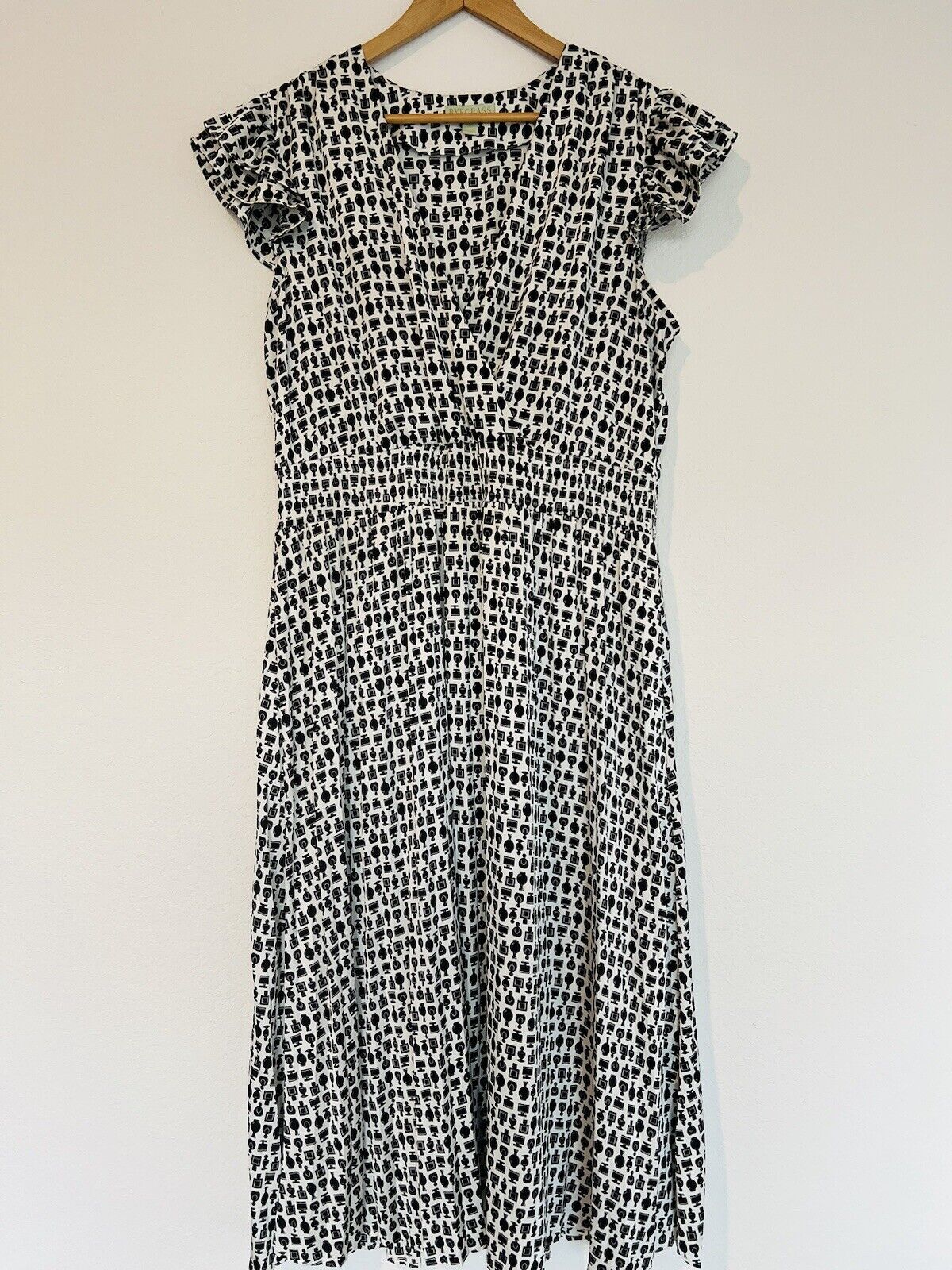 RUEGRASS Flutter Sleeve Dress Sz XL Smocked Waist Perfume Bottle Print V-Neck