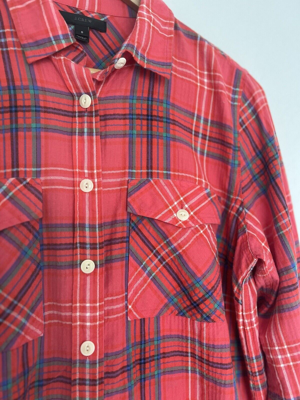 J CREW Women's Red Plaid Shirt Sz 8 Botton Down Collared Long Sleeve Top Boho