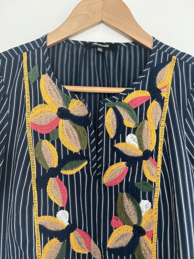 MADEWELL Navy Blue Stripe Top Sz XS Embroidered Floral Blouse Boho Hippie Style