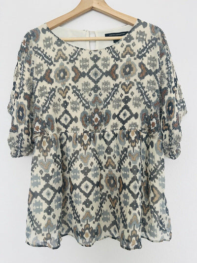 French Connection Aztec Beaded Tunic Blouse Sz M Babydoll Western Top Boho