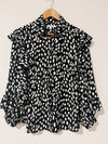 Chicos Ruffle Dot Print Top Sz M Button Up Blouse Black/White Office Career