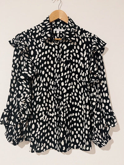 Chicos Ruffle Dot Print Top Sz M Button Up Blouse Black/White Office Career