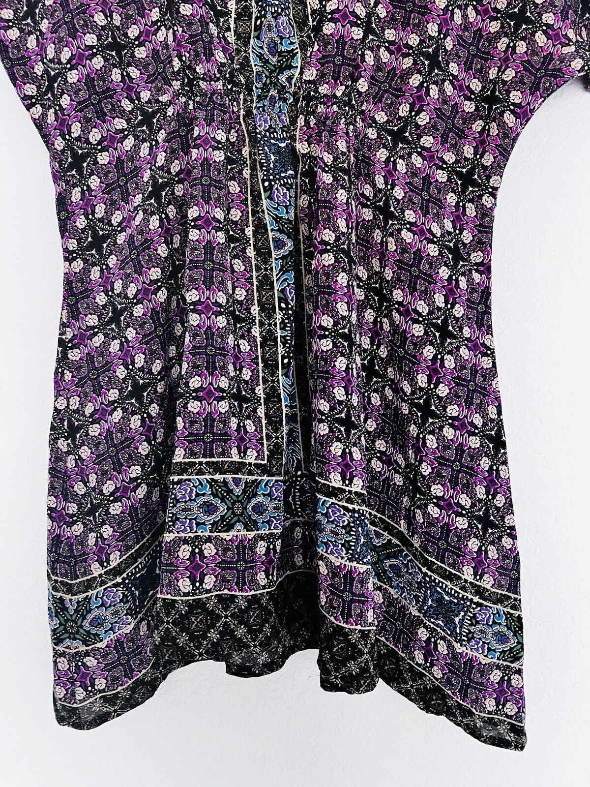 ANTHROPOLOGIE Fei 100% Silk Tunic Top Sz XS Dolman Geometric V-Neck Blouse