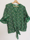MAX STUDIO Floral Pattern Blouse Sz S V-Neck Button Tie Ruffle Crop Sleeve Boho