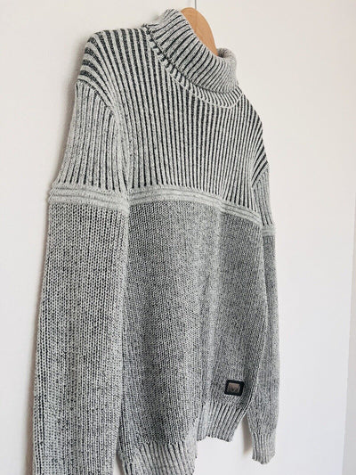 NICK DANGER Mens Chunky Turtle Neck Sweater Sz L Grandpa Gray/White Academia