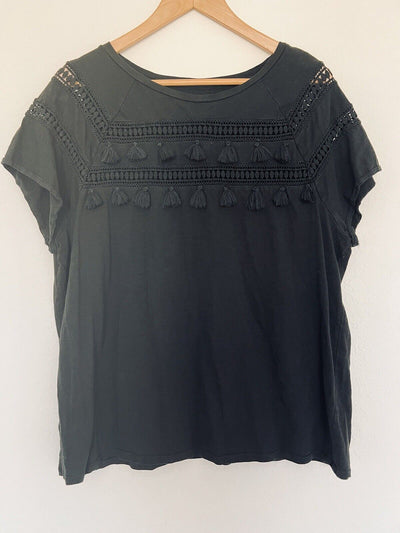 LOFT Tassel Accent Black Top Sz XL Short Sleeve Pullover Blouse Southwestern