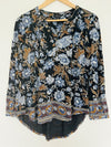 LUCKY BRAND Floral Jersey Knit Blouse Sz PS Hi-Low  V-Neck Button Boho Western