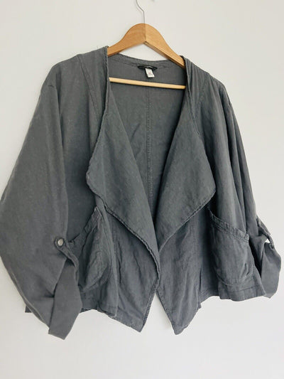 SUPPLIES  Linen Blend Jacket Sz 1X Gray Open Front Roll Tab Sleeves Boho