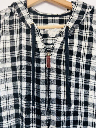 L.L. BEAN Womens Plaid Black Jacket Sz L Zip Up Cotton Hooded Flannel