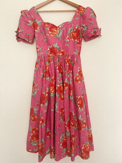 LAURA ASHLEY VTG 80s Dress US Sz 10 Pink Red Floral Cottagecore Bow Puff Sleeve