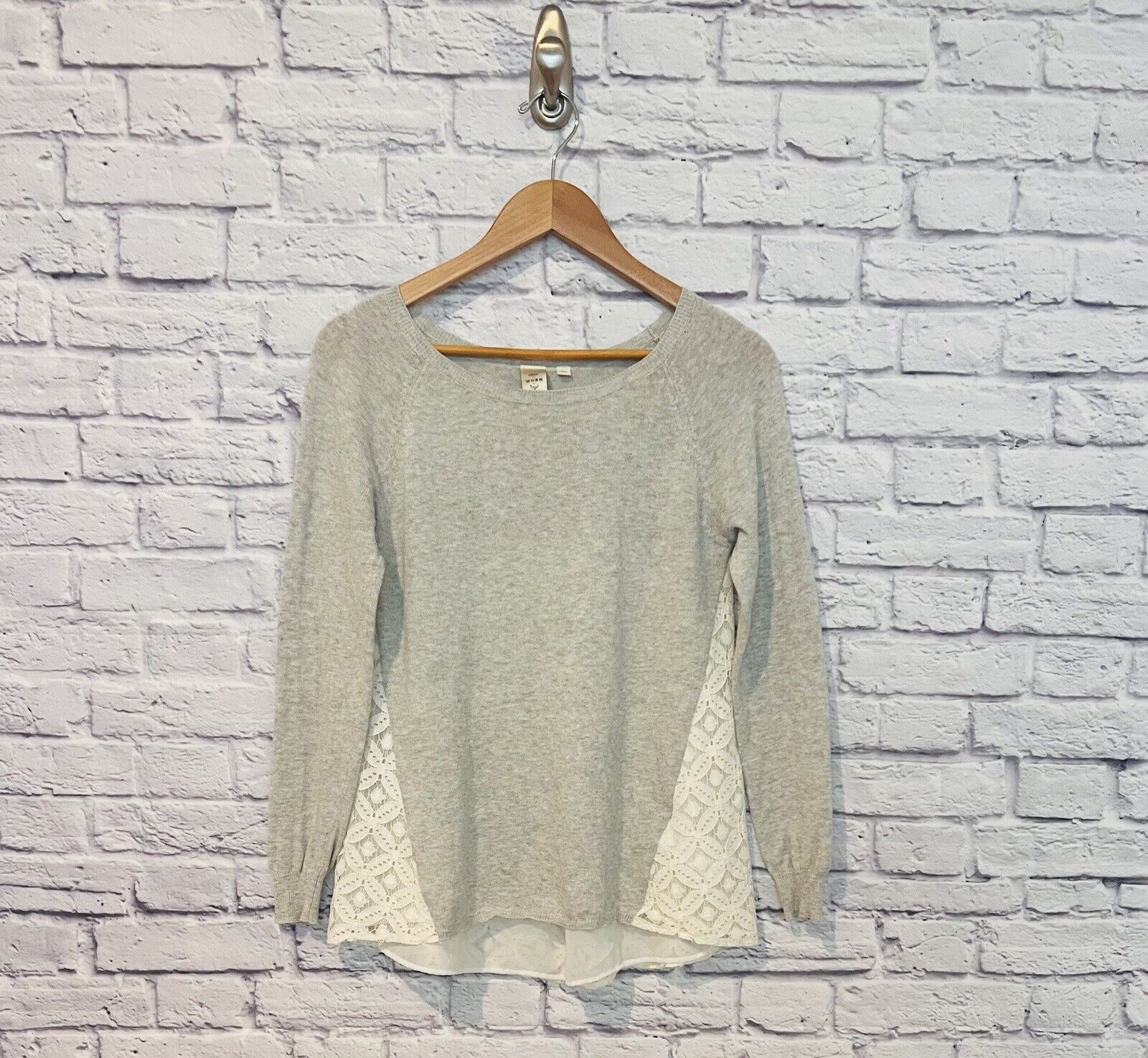 ANTHROPOLOGIE Seen Worn Kept Gray Knit Sweater Sz S Cream Lace Back Boho