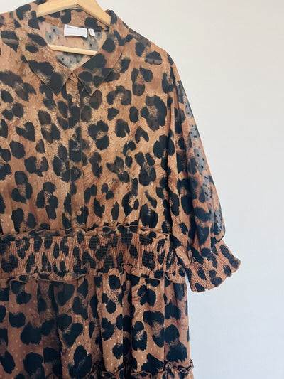 ASOS Curve Animal Leopard Print Dress Sz 18 Sheer Tiered Ruffle Smocked Waist