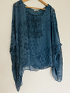 AMBRA 100% Silk Floral Tunic Blouse 3/4 Sleeve Blue Paisley Poncho Style Boho