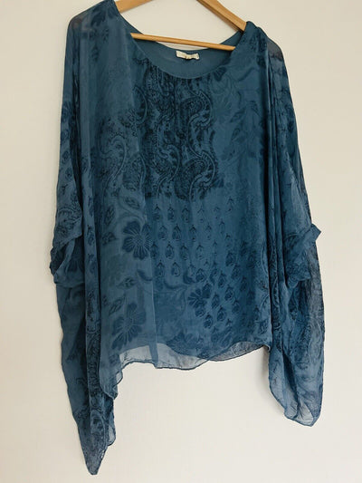 AMBRA 100% Silk Floral Tunic Blouse 3/4 Sleeve Blue Paisley Poncho Style Boho
