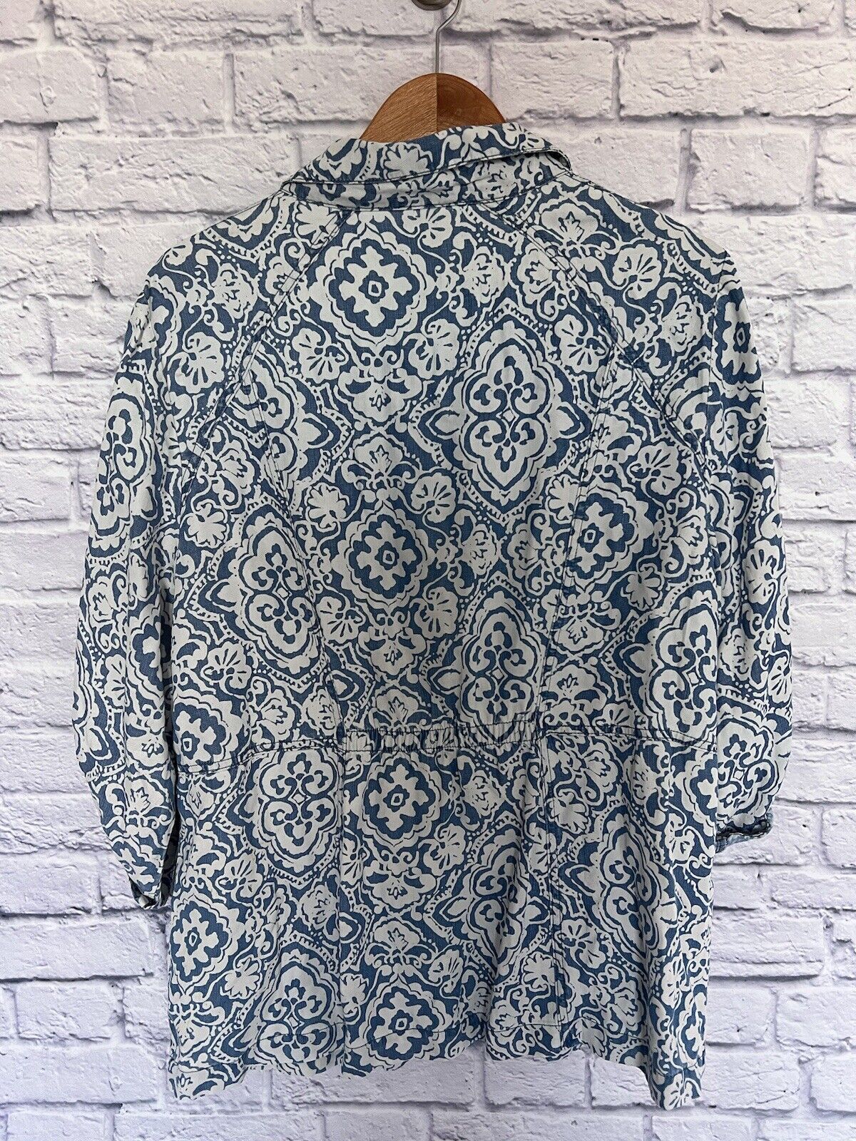 CHICOS Womens Snap Button Jacket Plus Sz 3 Pockets Paisley Blue Lyocell￼